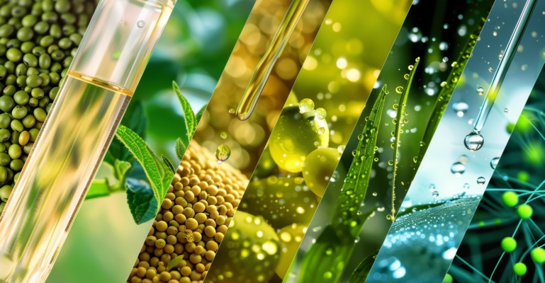 Eine Collage verschiedener Arten von Biokraftstoffen, einschließlich Fotos ihrer Quellen wie Sojabohnen, Zuckerrohr und Algen. 